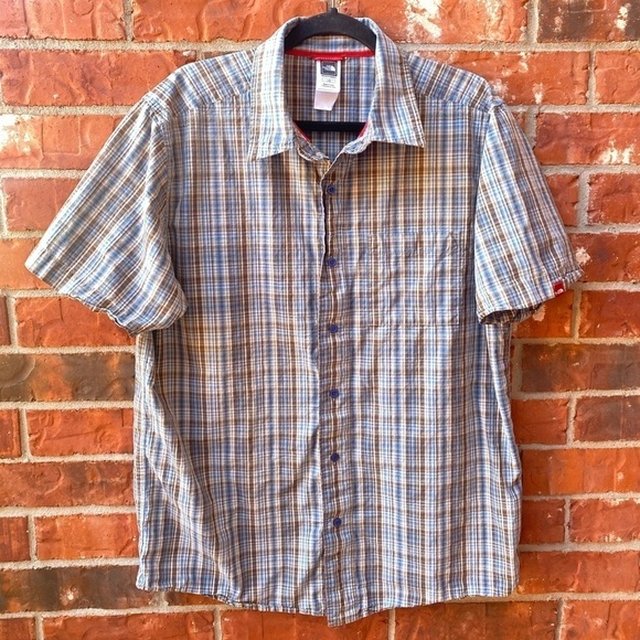 The North Face Mens Large Brown Blue Plaid Collar Button Down Short Sleeve Shirt - Picture 9 of 9
